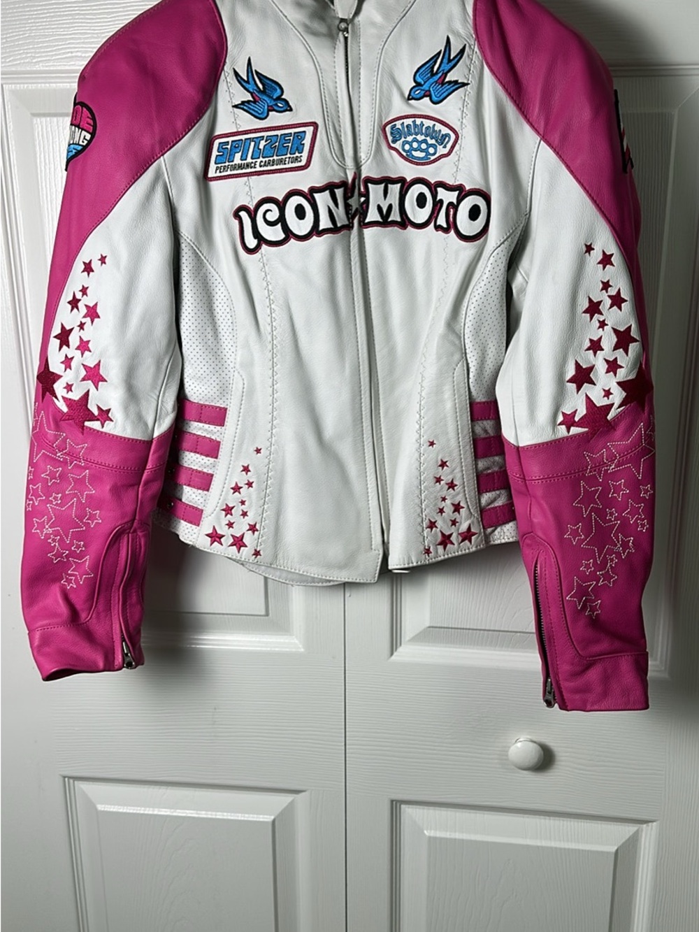 ICON Moto White and Pink Women's Leather Motorcycle Jacket